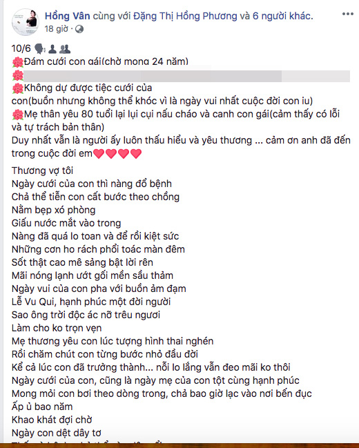 NSND Hồng Vân vừa chia sẻ đoạn trạng thái khá dài nói về tâm trạng và nỗi lòng của người mẹ khi không thể ở bên con gái cưng trong ngày cưới vì bị ốm nặng.