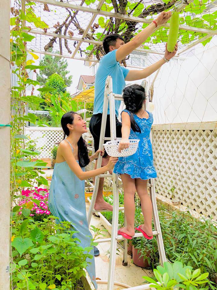 Những lúc rảnh rỗi hai vợ chồng cùng bé gạo lại thỏa thích chăm cây và gặt hái chiến lợi phẩm mình làm ra.