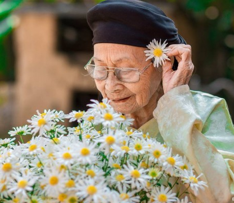 Bộ ảnh cụ bà 99 tuổi bên đoá cúc hoạ mi: Nhìn cụ cười, con cháu thấy hạnh phúc!