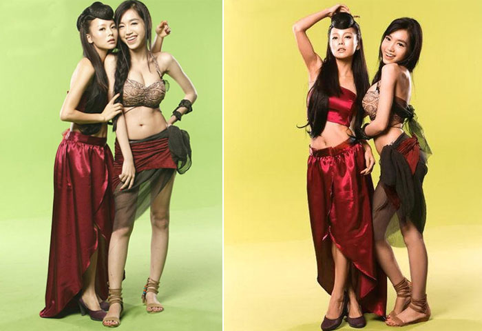 Hai cô gái nổi tiếng ăn mặc mát mẻ của Vbiz và Cbiz cùng hóa thân thành nhiều hình tượng khác nhau. 