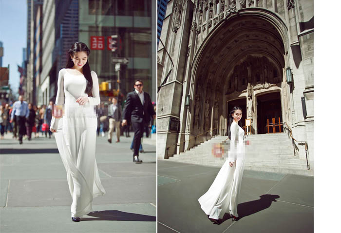Mới đây, Ngọc Trinh đã gây bất ngờ  khi xuất hiện đầy dịu dàng với bộ áo dài khoe sắc trên đường phố New York. 