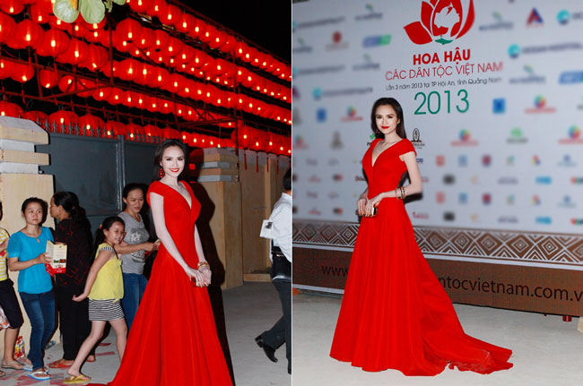 Chiếc váy đỏ khoe vòng một gợi cảm được người đẹp diện khi làm giám khảo đêm chung kết Hoa hậu các dân tộc Việt Nam. Người đẹp sexy và gợi cảm hơn hẳn tân hoa hậu vừa đăng quang nhờ trang phục tuyệt đẹp này.