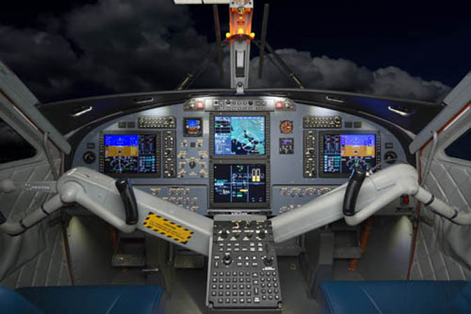 Buồng lái rất hiện đại với hệ thống điện tử Honeywell Primus Apex của một chiếc DHC-6 Twin Otter