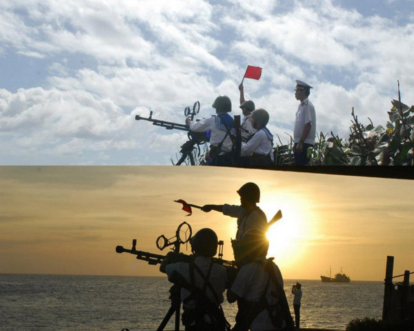 Hình ảnh bộ đội Việt Nam diễn tập bắn đạn thật trên quần đảo Trường Sa với súng phòng không 12.7mm. Hiện nay, Việt Nam có chủ quyền với phần lớn các đảo thuộc quân đảo Trường Sa tờ Yahoo.cn cho biết