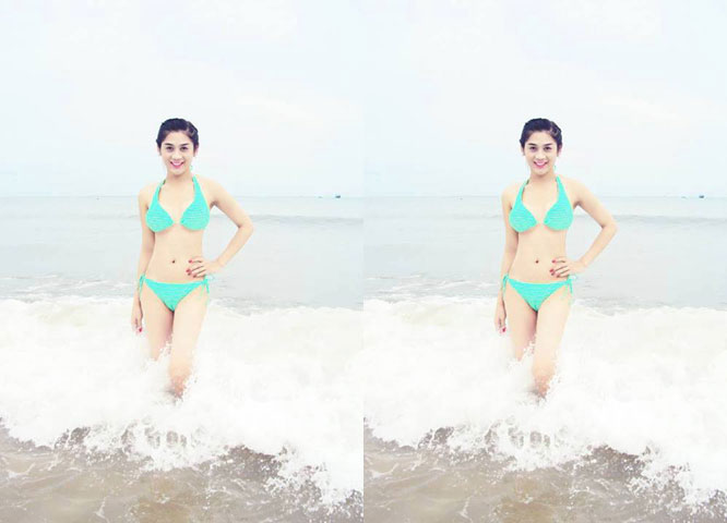   Lâm Chi Khanh nổi bật với bộ bikini màu xanh.  