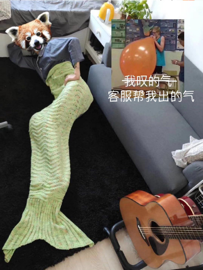 Anh chàng đắp chăn đuôi cá và nằm dài trên sofa. (Ảnh: Weibo)