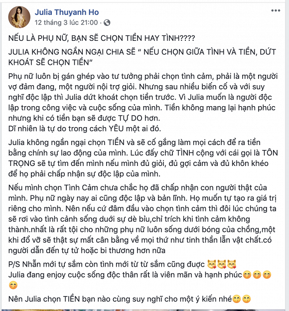Hoa hậu Julia Hồ đăng tải status nói về chuyện tình và tiền.  