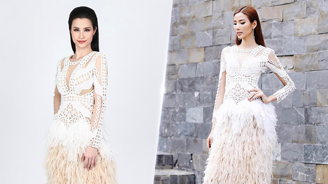 Trước đó, Hoàng Thùy cũng là một trong những người đẹp diện trang phục đụng hàng rất nhiều. Xuất hiện tại chương trình The Face, cô lựa chọn chiếc váy trắng xuyên thấu đính lông tua rua của Công Trí mà Đông Nhi từng diện trước đây.