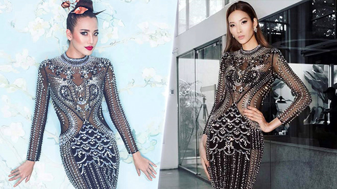 Không chỉ đụng hàng các ngôi sao tên tuổi, Hoàng Thùy còn diện chung mẫu váy xuyên thấu đính đá với thí sinh The Face Phan Ngân. Điểm khác nhau đến từ kiểu tóc của hai người đẹp.