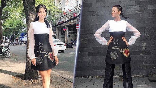 Diện chung một mẫu váy nhưng Hoàng Thùy lại mang đến hình ảnh tinh tế hơn khi diện quần tây ống suông sắc đen cùng mái tóc tết sành điệu.