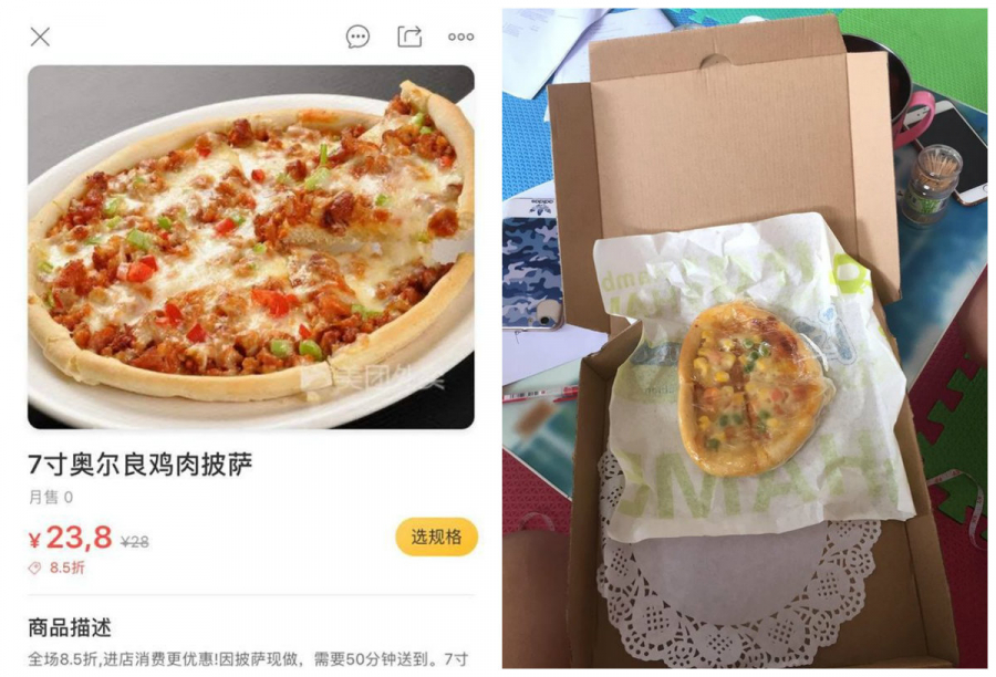 Chiếc bánh pizza trên mạng và thực tế nhận được.