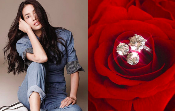 Hoa hậu Phạm Hương  khoe chiếc nhẫn kim cương và đôi khuyên tai lấp lánh cô nhận được từ bạn trai.  