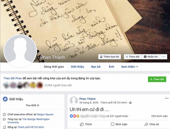 Facebook của Phan Thành đã bị khóa, mọi hình ảnh và status trong thời gian gần đây đều 