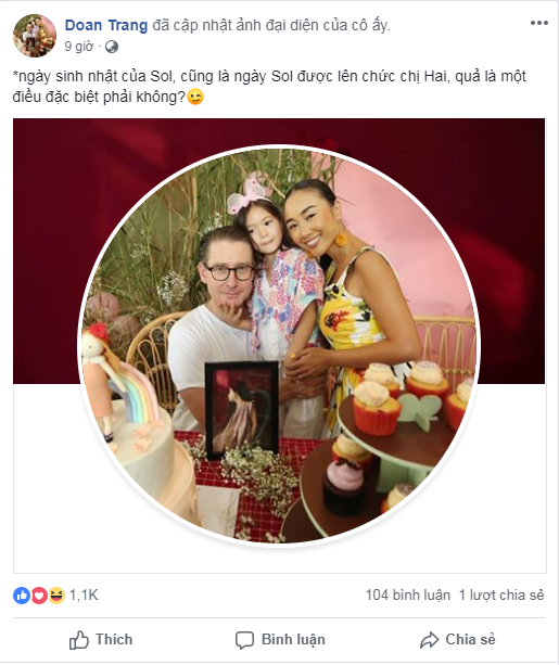 Mới đây, nữ ca sĩ Đoan Trang đã đăng tải hình chụp cả gia đình để chúc mừng sinh nhật 