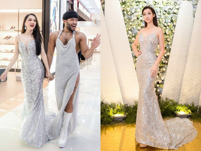 Chiếc váy của nhà thiết kế Chung Thanh Phong tôn lên vóc dáng hai nàng hoa hậu Hương Giang và Mỹ Linh. Cả hai còn trùng hợp nhau về kiểu tóc suôn thẳng tự nhiên, khoe phần cổ và vai gợi cảm.