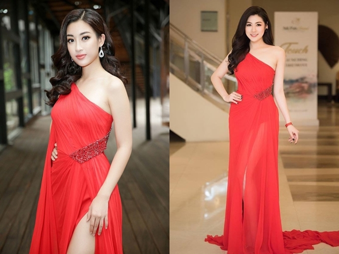 Mỹ Linh khá chuộng kiểu váy hở một bên vai. Thiết kế màu đỏ do Lê Thanh Hòa thực hiện cho cô để mang đi Miss World 2017 nhưng chưa thể sử dụng. Sau đó, Mỹ Linh đã chọn một sự kiện trong nước để diện và người tiếp theo là Á hậu Tú Anh.