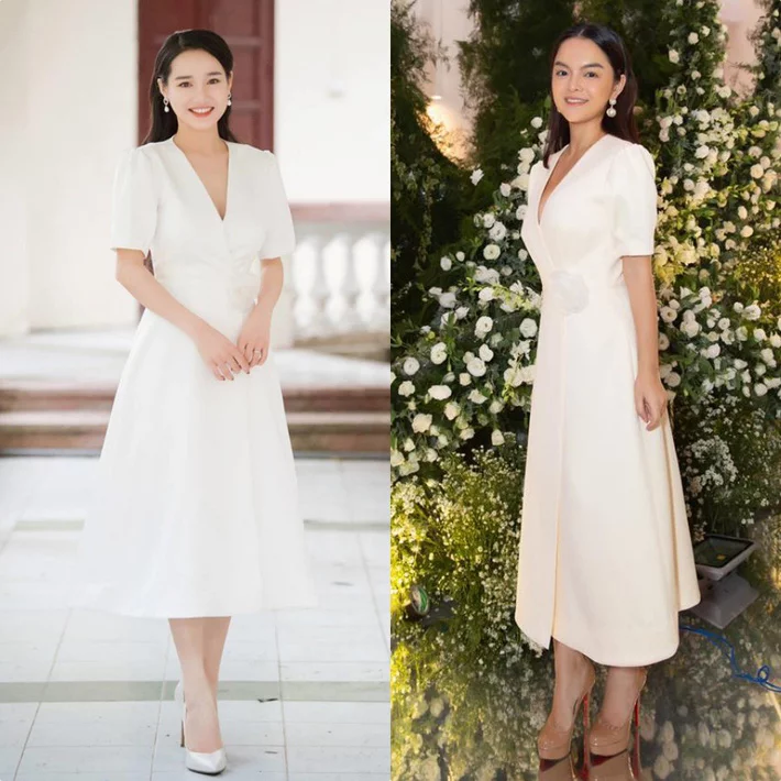 Bộ đầm mà cả Phạm Quỳnh Anh và Nhã Phương lựa chọn là bộ đầm trắng trơn đơn giản nhưng đã góp phần tôn được nhan sắc mặn mà và tươi trẻ của cả hai người đẹp.    