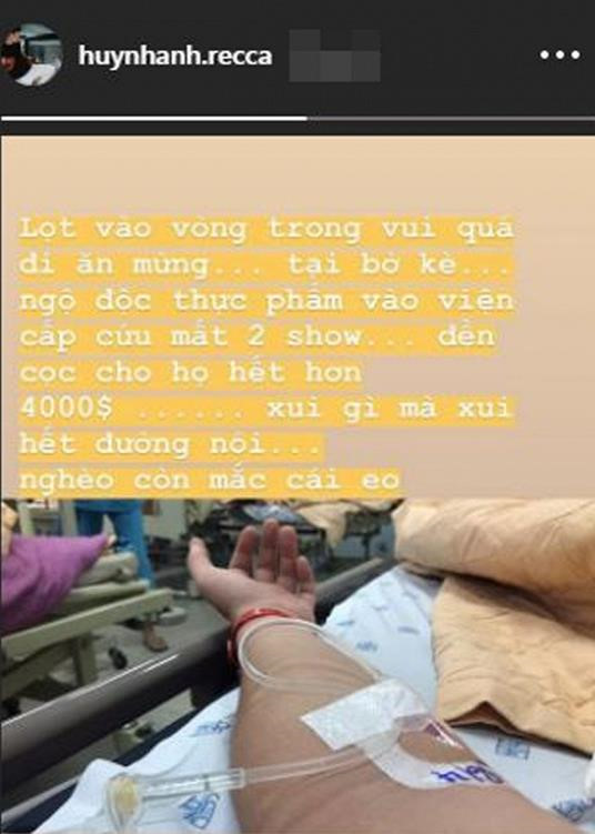 Vài ngày trước, Huỳnh Anh đăng tải story cho biết mình nhập viện, thậm chí phải huỷ show và đền bù thiệt hại 90 triệu đồng.