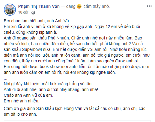 Ốc Thanh Vân gửi lời tiễn biệt đến nghệ sĩ Anh Vũ.