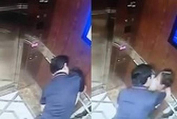 Ông Linh ôm hôn bé gái trong thang máy gây phẫn nộ. Ảnh cắt từ camera