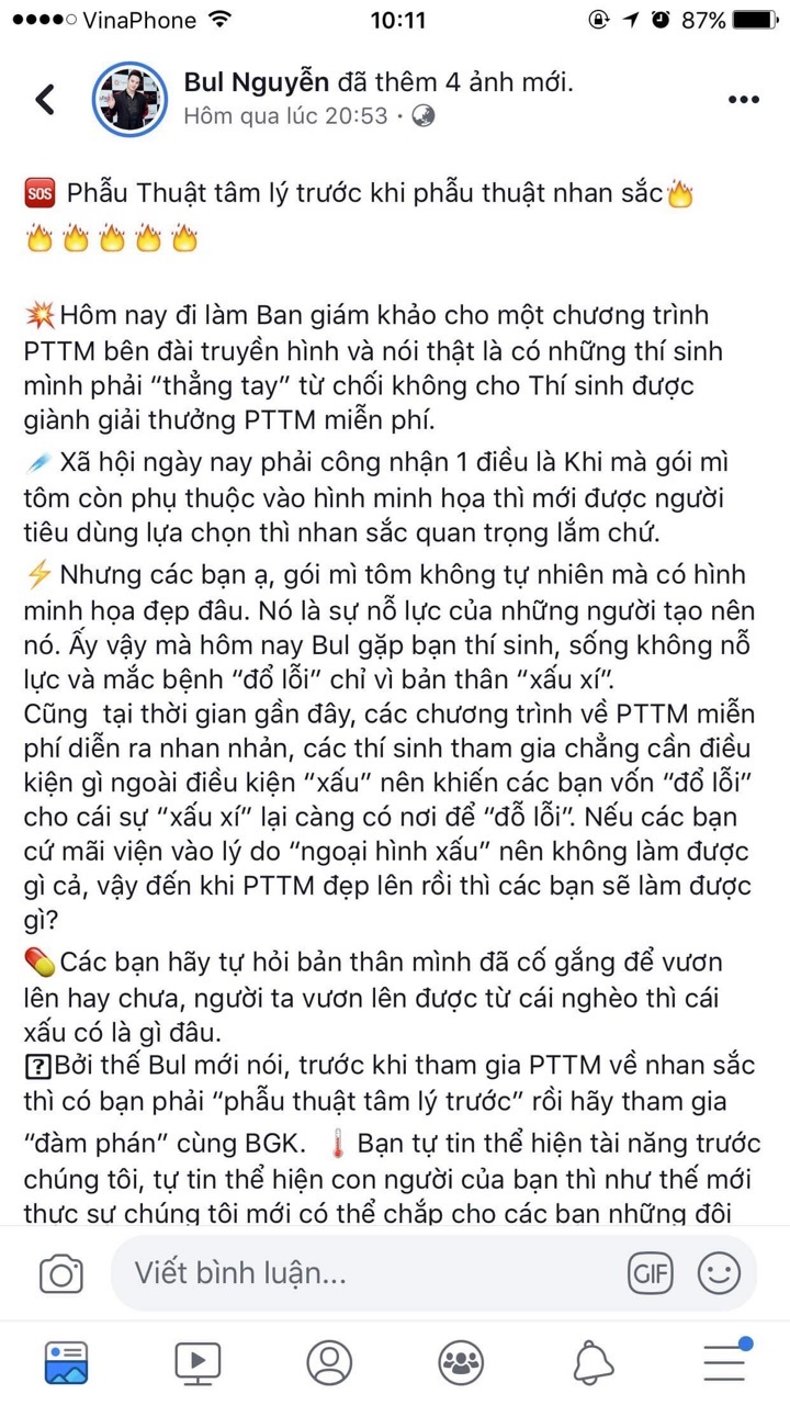 Chia sẻ của giám khảo Bul Nguyễn trên trang cá nhân “thẳng tay” từ chối cho Thí sinh được PTTM