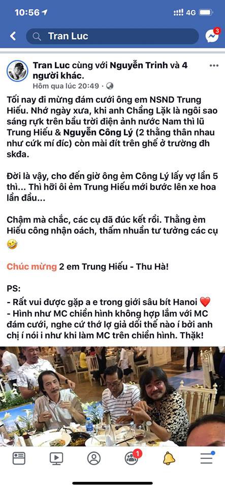 Nội dung status đạo diễn Trần Lực đăng tải công khai trên Facebook.  