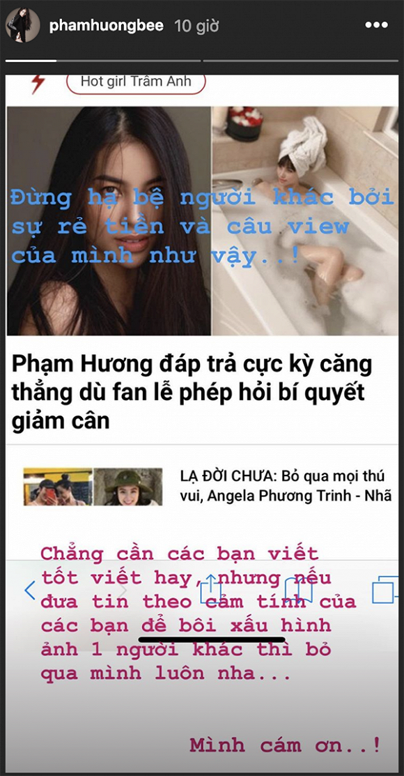 Mới đây, trên instagram cá nhân, Phạm Hương bức xúc tố một trang báo viết bài 