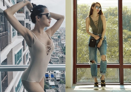 Áo tắm đan dây Hương Giang Idol (trái) từng mặc, khi rơi vào tay Minh Hằng, trở thành áo thường. Cô dùng sneakers Fendi và kính gương Dior để tăng vẻ sang trọng cho diện mạo.    
