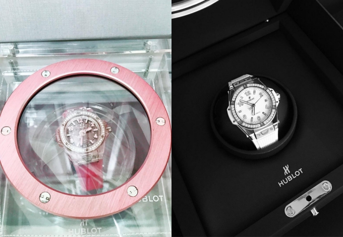 Hai chiếc đồng hồ Hublot đính kim cương được Ngọc Trinh tậu cho bộ sưu tập hàng hiệu của mình. Chiếc đồng hồ màu hồng bên trái chỉ có 200 phiên bản trên thế giới, giá gần 1,3 tỷ đồng.    