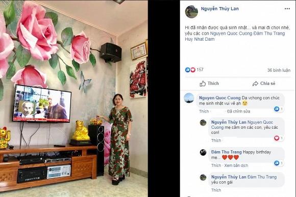Mẹ Đàm Thu Trang khoe đã nhận được quà từ con gái và con rể. Cường Đô la cũng gửi lời chúc sinh nhật mẹ vợ.  