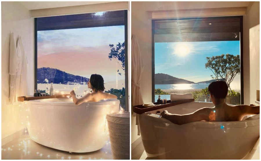 Hồ Quang Hiếu đăng tải hình ảnh trong phòng tắm khu resort đang nghỉ dưỡng cùng dòng trang thái: 