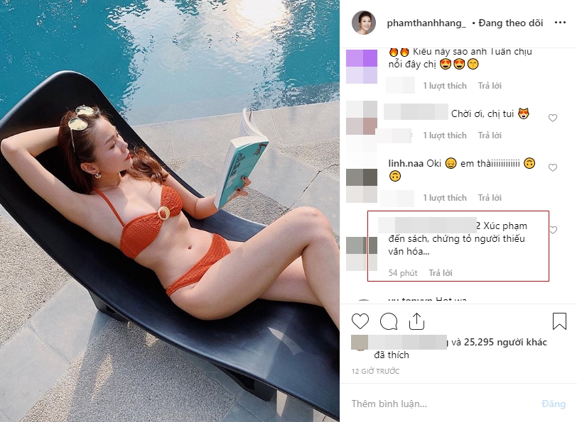 Bình luận nổi bật của anti-fan về bức hình mặc bikini đọc sách của Thanh Hằng.    