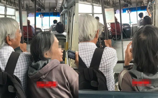 Hình ảnh cụ ông và cụ bà trên xe buýt.