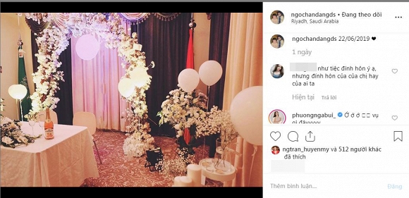 Mới đây, Hoa hậu Ngọc Hân gây chú ý khi đăng một bức ảnh chụp khung cảnh giống như buổi lễ đính hôn. Người đẹp ghi chú thời gian của bức ảnh là 22/06/2019 cùng với icon hình trái tim.    