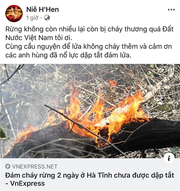 Không chỉ bày tỏ cảm xúc thương xót trước nạn cháy rừng đang xảy ra, Hoa hậu H'Hen Niê còn không quên cảm ơn những người anh hùng đã không ngại nguy hiểm để dập lửa