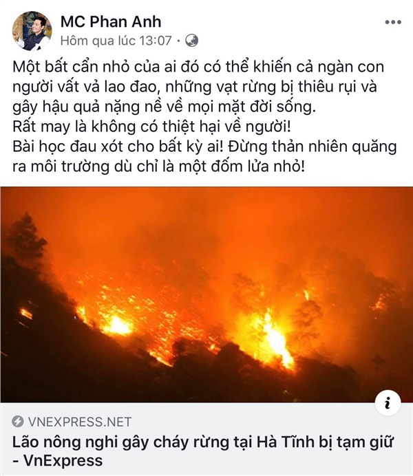 MC Phan Anh đưa ra lời cảnh tỉnh với mọi người rằng ai cũng có thể là người gây ra cháy rừng