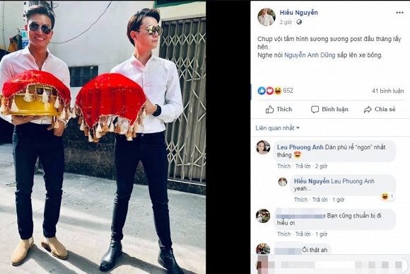 Mới đây, bạn thân của Anh Dũng là diễn viên Hiếu Nguyễn đăng ảnh cả hai đi bưng tráp và chia sẻ: