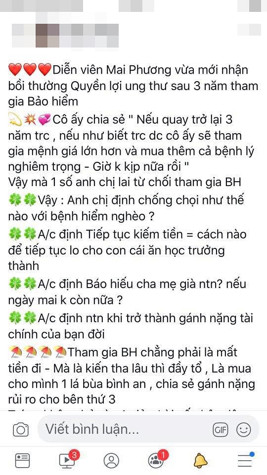 Kẻ xấu lợi dụng Mai Phương để PR cho bảo hiểm.