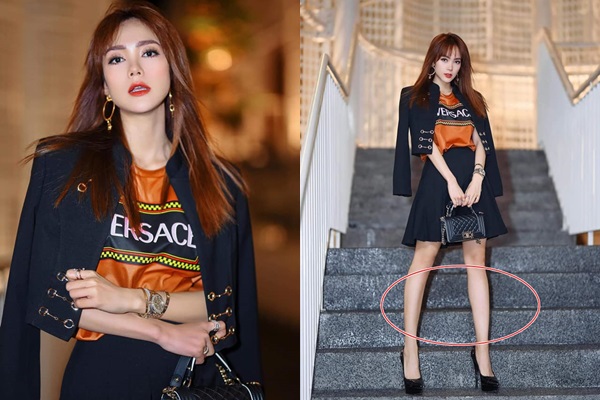 Tuy sở hữu chiều cao 1m65 nhưng so với những chân dài đình đám của làng giải trí thì đây vẫn là một chiều cao khiêm tốn. Dường như sử dụng giày cao gót chưa đủ, Minh Hằng đành phải nhờ cậy đến phần mềm chỉnh ảnh kéo dài chân đến méo cả bậc thang. Nếu để ý kĩ hơn, trong hình mặt Minh Hằng bỗng dưng thon gọn thấy rõ.