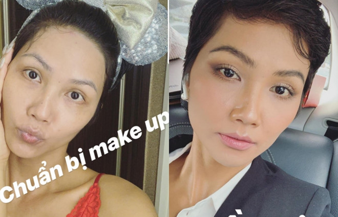 Hoa hậu Hoàn vũ Việt Nam 2017 đăng hình ảnh thành quả để so sánh. Sau trang điểm, gương mặt cô có nét và sáng hơn.