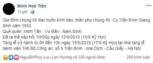 trên trang cá nhân của mình, NSND Minh Hòa đã chia sẻ dòng trạng thái đau buồn: 