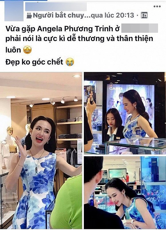 Một cư dân mạng bất ngờ khoe hình ảnh chụp lén Angela Phương Trinh tại một trung tâm thương mại. Người này cho biết, ngoài đời, nữ diễn viên đẹp không góc chết và vô cùng thân thiện khiến bản thân cảm thấy bất ngờ.