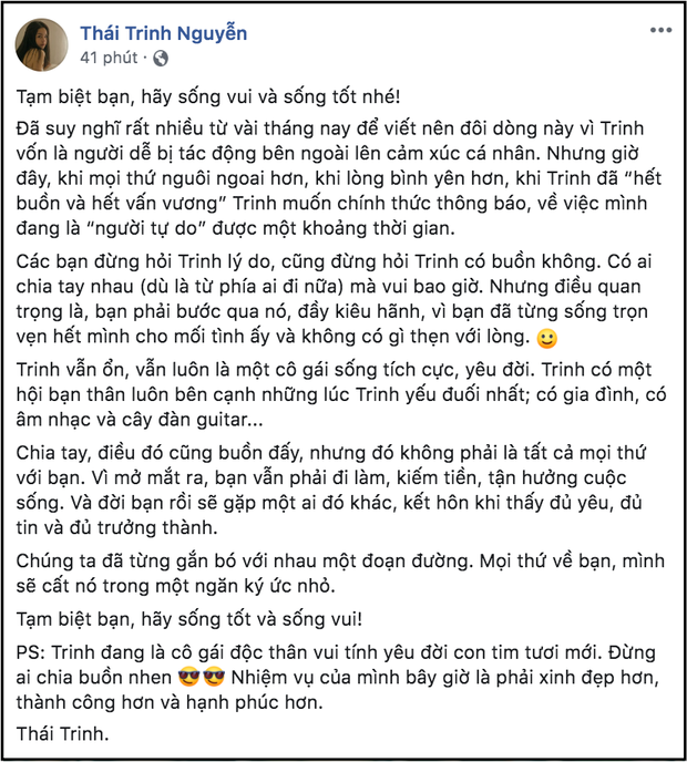 Trên Facebook cá nhân mới đây, nữ ca sĩ Thái Trinh đã gây bất ngờ khi cho biết đang độc thân, chính thức đường ai nấy đi với nam biên đạo Quang Đăng sau hơn 2 năm mặn nồng.