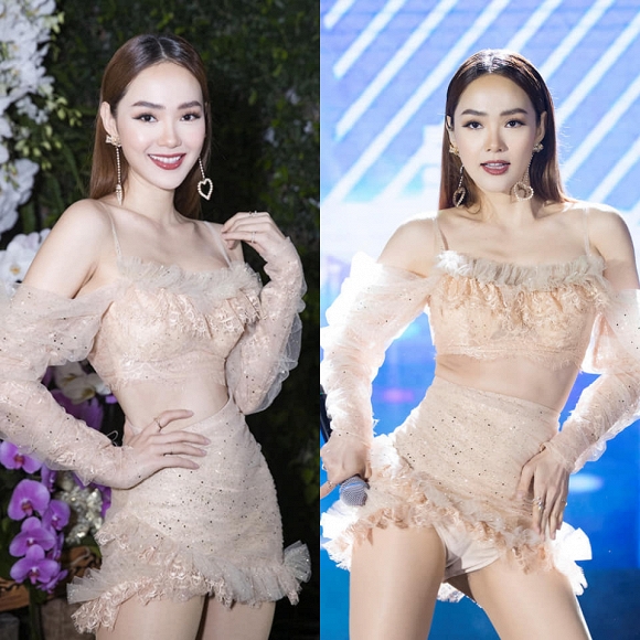 Chiếc váy quá ngắn đã làm lộ quần bảo hộ trong lúc Minh Hằng biểu diễn cùng vũ đoàn.      