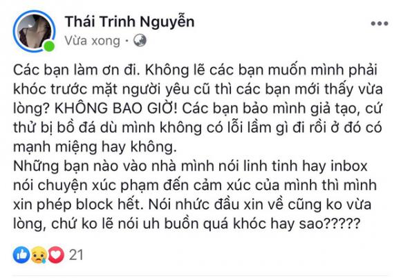 Thái Trinh bức xúc phản pháo anti - fan nhưng lại vô tình tiết lộ nguyên nhân chia tay Quang Đăng.