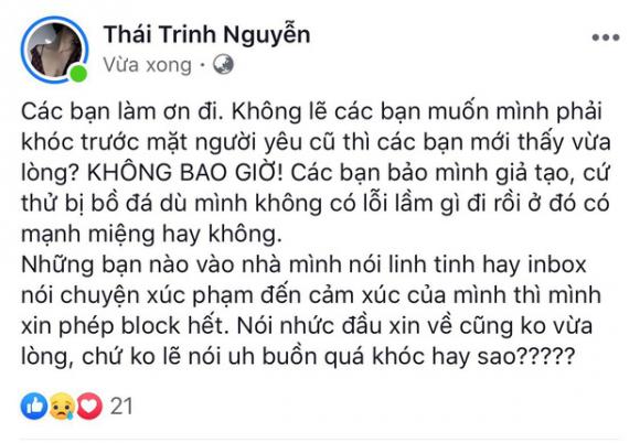 Mới đây nhất, Thái Trinh - Quang Đăng đụng độ nhau tại một sự kiện. Tại đây, Thái Trinh đã bật khóc và bỏ về giữa sự kiện. Hành động này của nữ ca sĩ đã nhận về nhiều lời chỉ trích, thậm chí còn nhắn tin chửi cô giả tạo. Trước những hành động tiêu cực từ phía dư luận, trên trang cá nhân, Thái Trinh đã đăng tải dòng trạng thái khá dài đầy bức xúc. Đồng thời trong chính dòng tâm sự này, Thái Trinh cũng tiết lộ lý do dẫn đến sự chia ly của cặp đôi.