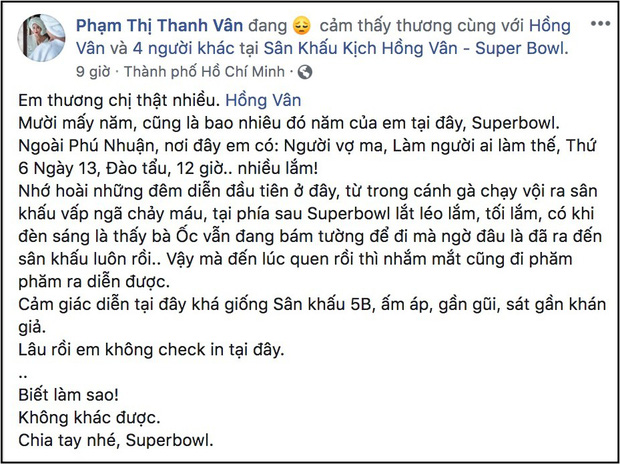 Ốc Thanh Vân là diễn viên của sân khấu nhiều năm nay nên cô không khỏi xót xa khi từ bây giờ SuperBowl sẽ không còn sáng đèn.    