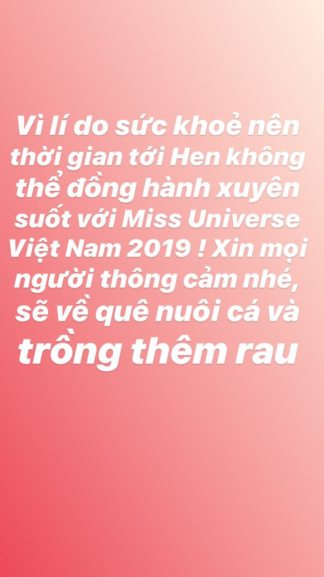 Hoa hậu H'Hen Niê bất ngờ đăng tải dòng tin thông báo về việc cô sẽ không tiếp tục đồng hành cùng cuộc thi Hoa hậu Hoàn vũ Việt Nam.