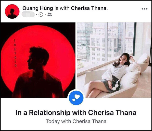 Mới đây nhất, trên trang facebook cá nhân của mình, nam người mẫu Quang Hùng khiến người hâm mộ bất ngờ khi thay đổi trạng thái quan hệ sang hẹn hò với một cô gái ngoại quốc. Trước khi công khai với người hâm mộ, cả hai đã có thời gian tìm hiểu khá lâu. Được biết, bạn gái của Quang Hùng tên Cherisa Thana, đang sống và làm việc Bangkok, Thái Lan.    