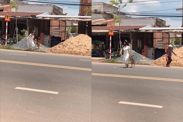 Hình ảnh cô dâu kéo chú chó cưng về để chụp ảnh.